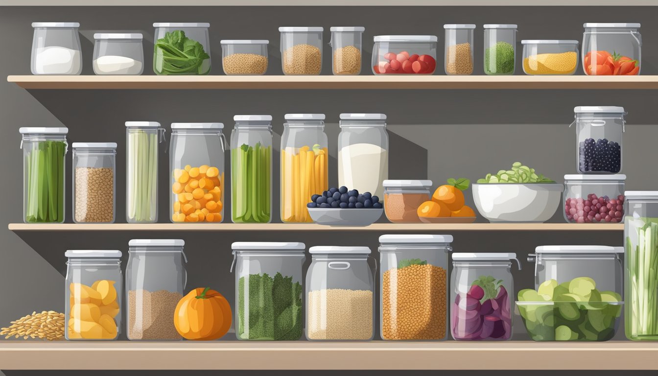 A well-organized kitchen with fresh fruits, vegetables, whole grains, and probiotic-rich foods neatly arranged in clear containers and labeled for easy access