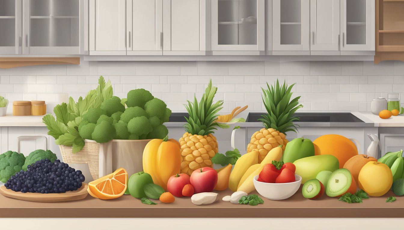 A kitchen counter with a variety of colorful fruits, vegetables, whole grains, and lean proteins neatly organized in baskets and containers