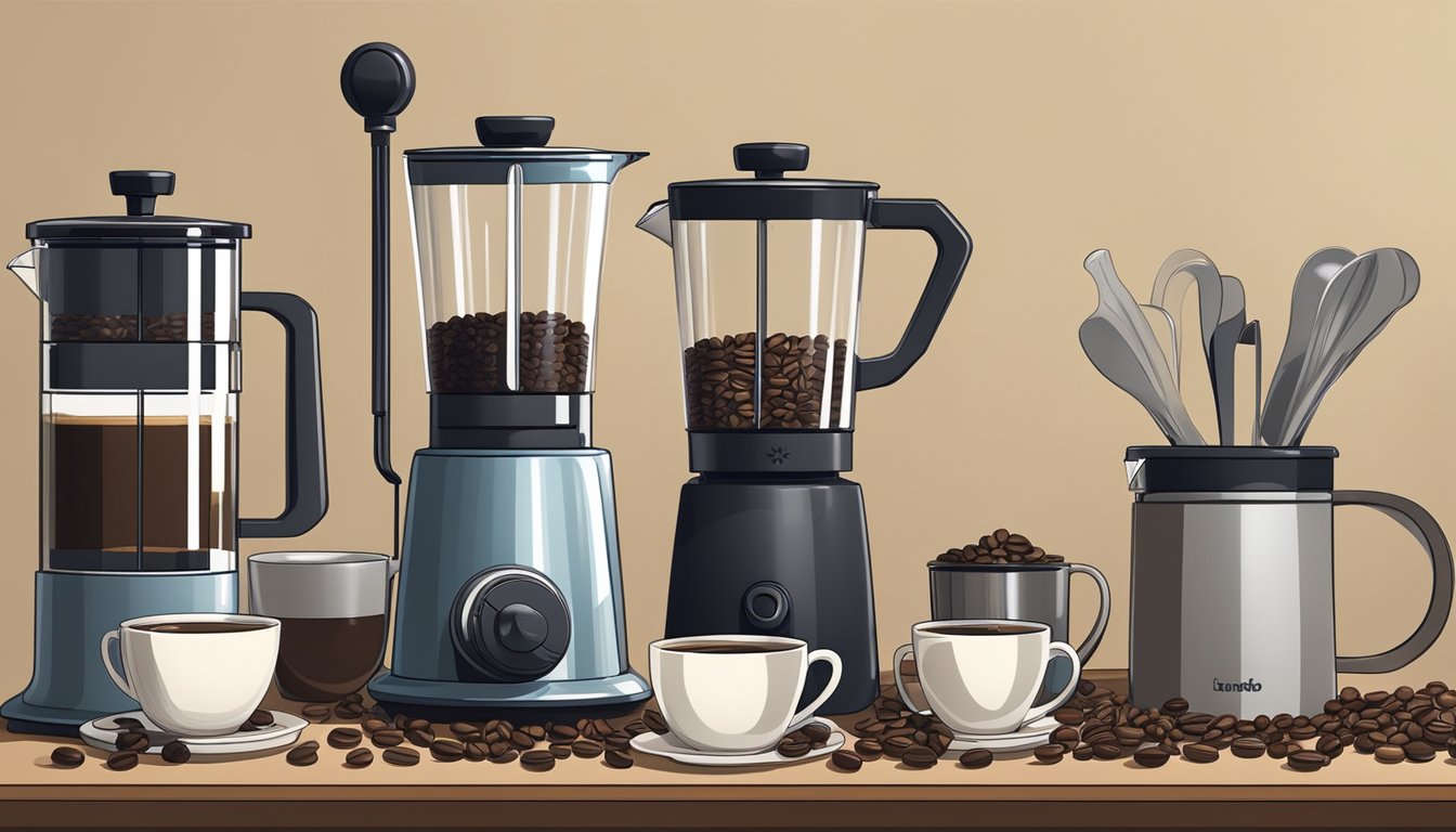 A clean, organized kitchen counter with a coffee grinder, French press, and neatly arranged coffee beans, mugs, and brewing accessories