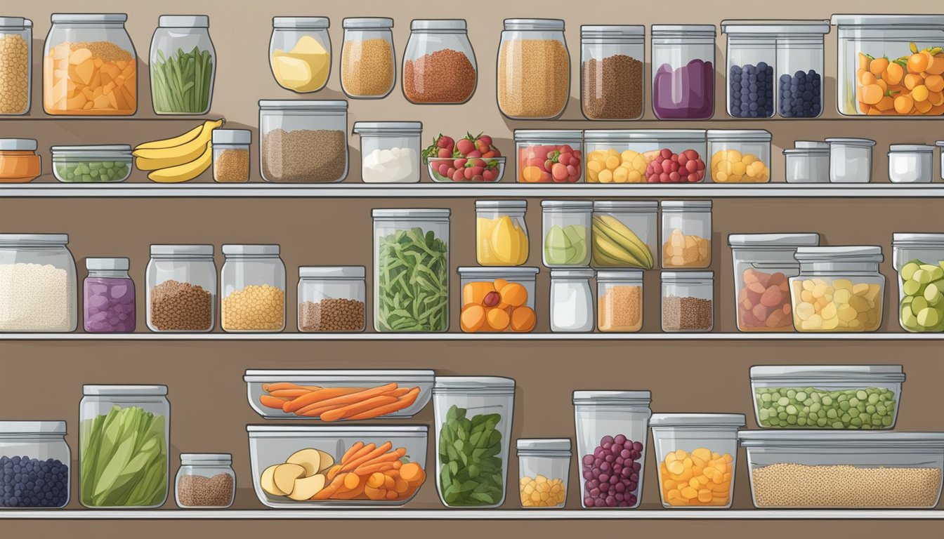 A well-organized kitchen with colorful fruits, vegetables, whole grains, and probiotic-rich foods neatly arranged in clear containers and labeled for easy access