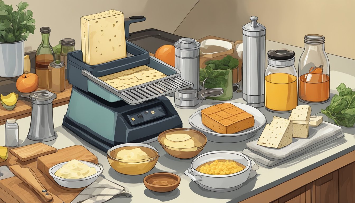 A cluttered kitchen counter with a tofu press, cutting board, knife, and various ingredients for a dinner party