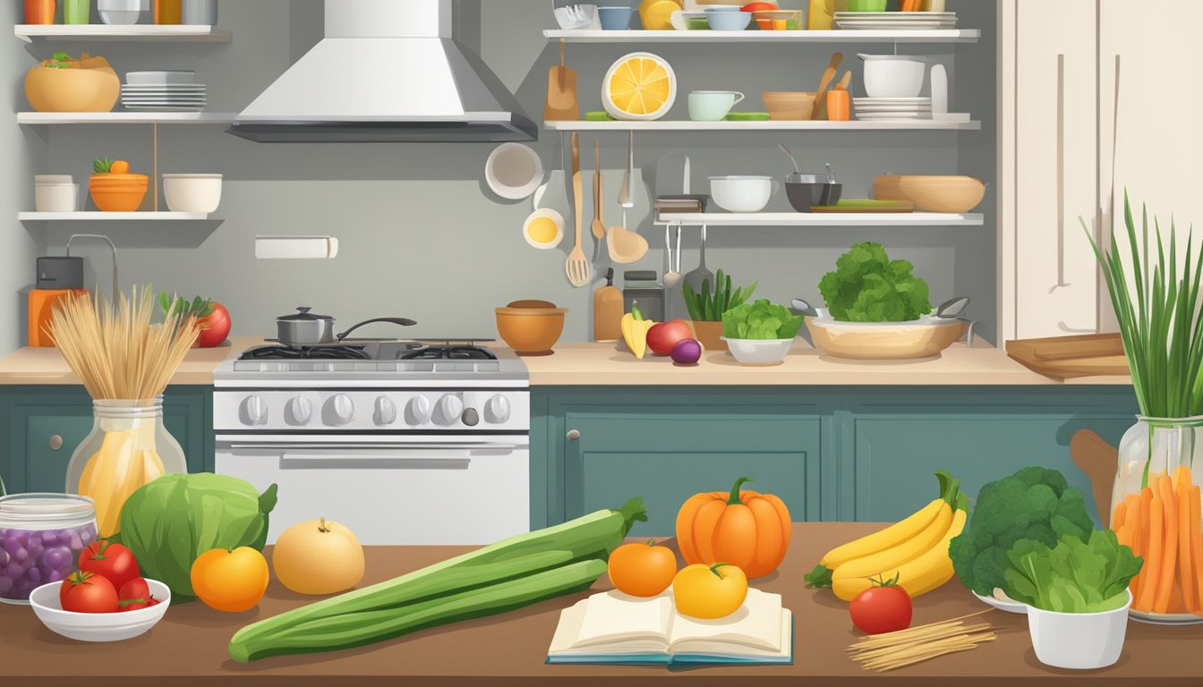 A bright, organized kitchen with fresh fruits, vegetables, and grains neatly arranged. A variety of healthy recipe books and cooking utensils are displayed on the counter