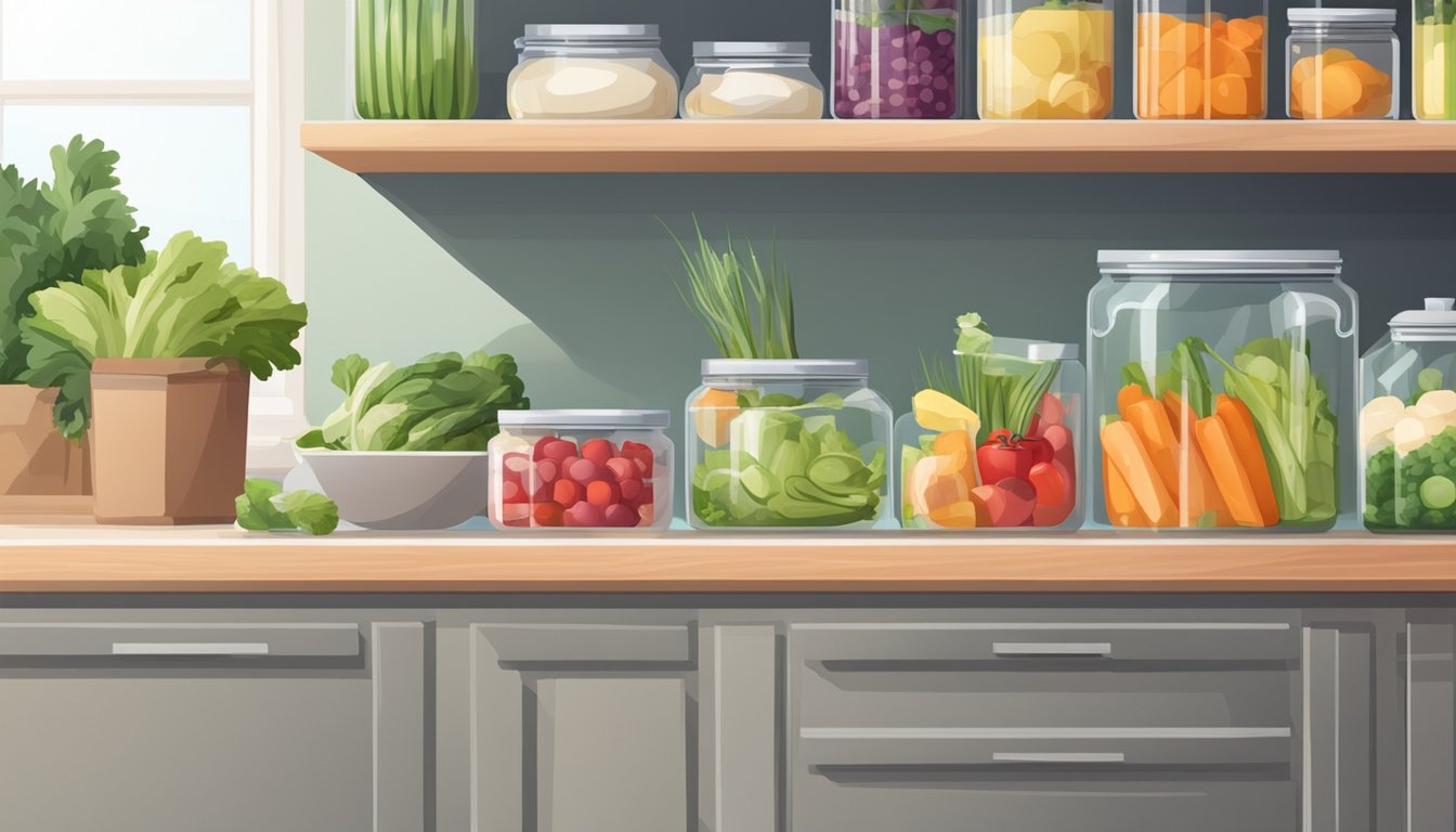 A kitchen with neatly organized shelves of fresh produce and labeled containers of low purine ingredients. A meal prep station with cutting boards and knives