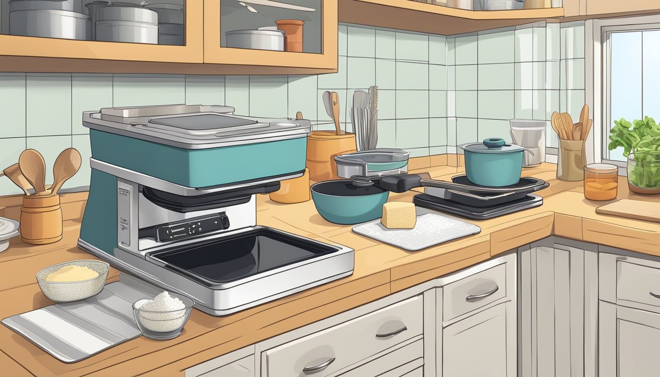 A clean, organized kitchen with a tofu press on the counter. Ingredients and utensils are neatly arranged for cooking