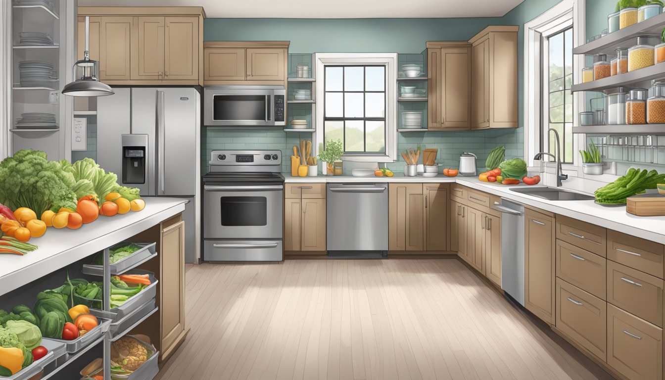 A kitchen with labeled storage for low purine foods, a well-organized fridge, and a meal prep area with fresh produce and lean proteins