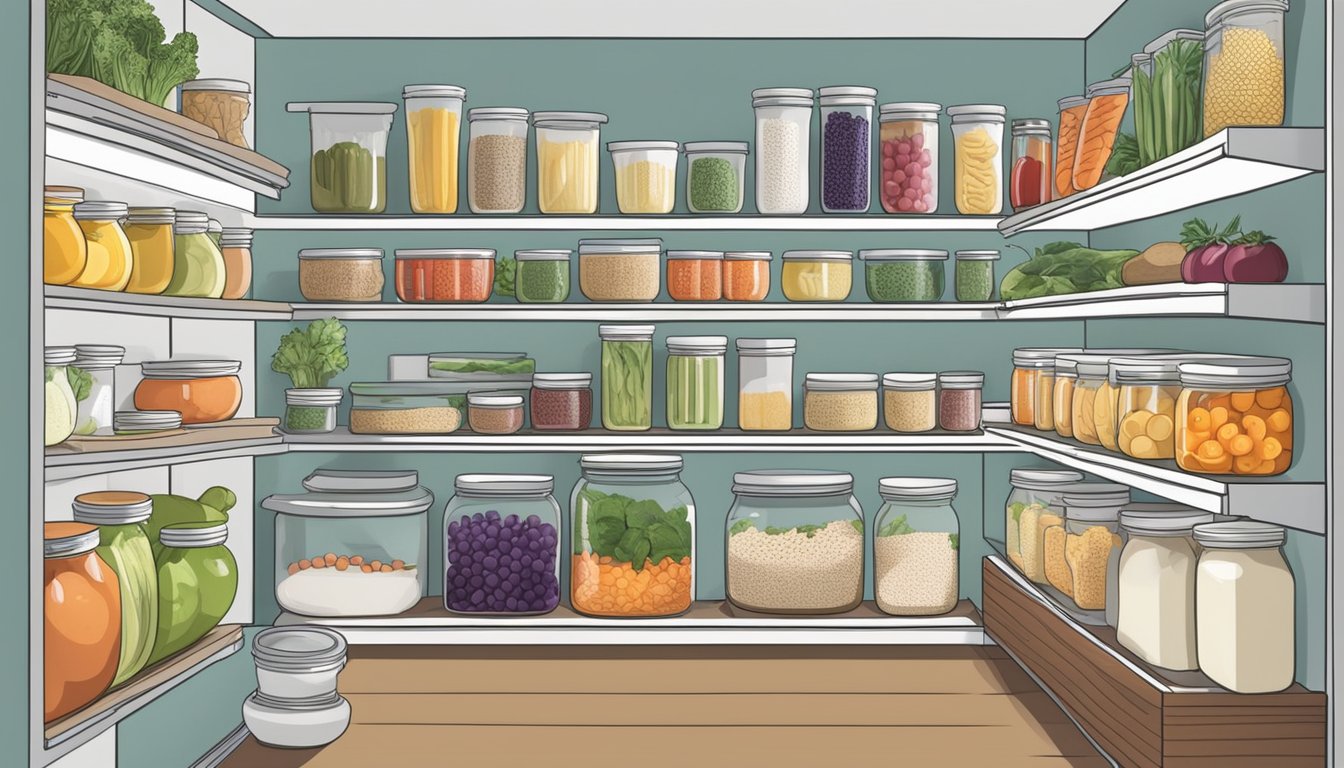 A well-organized kitchen with labeled jars of probiotic-rich foods, colorful fruits and vegetables, and a variety of gut-healthy ingredients neatly arranged in the pantry and fridge