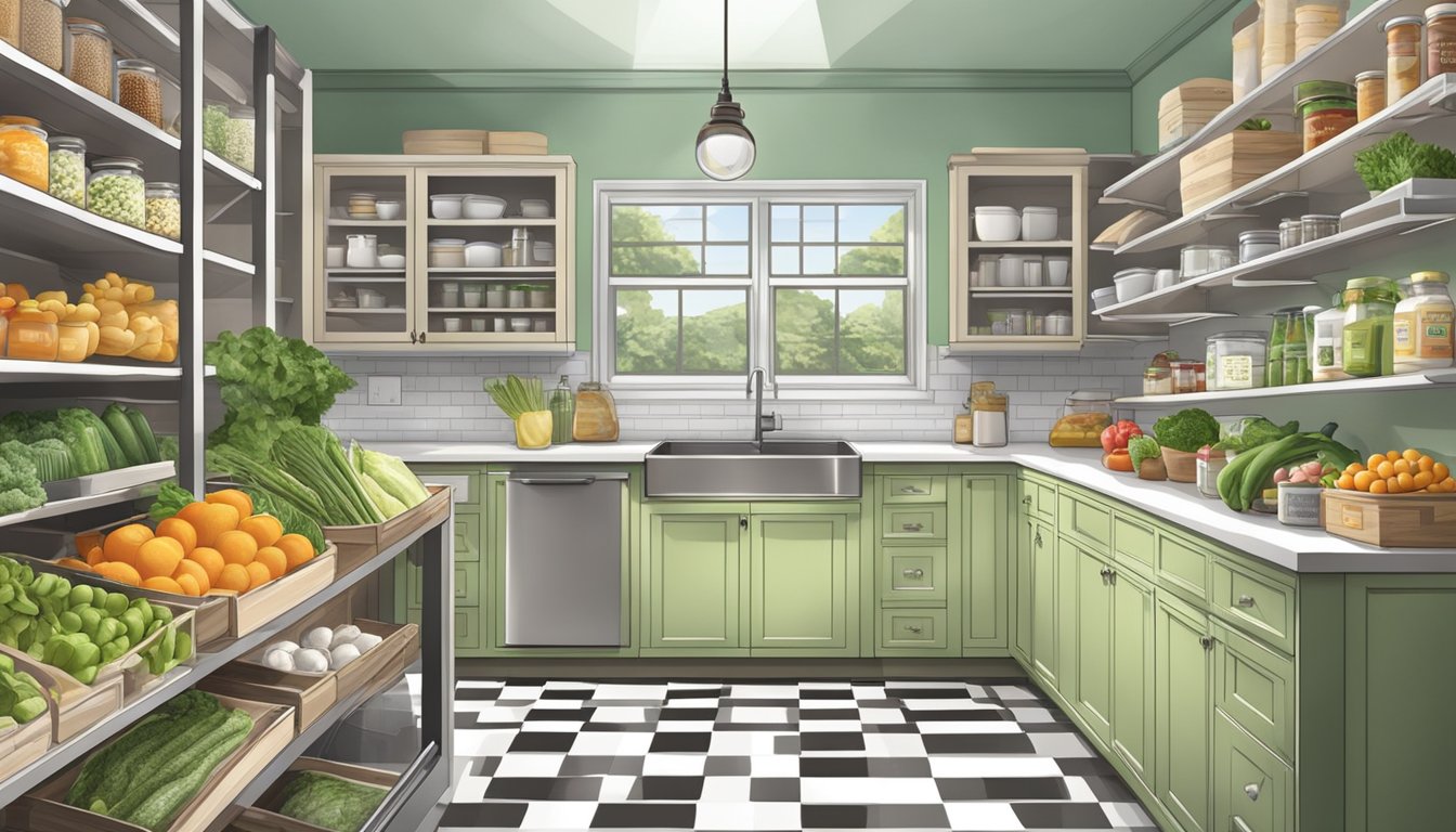 A kitchen with labeled low purine foods, organized pantry, and fresh produce