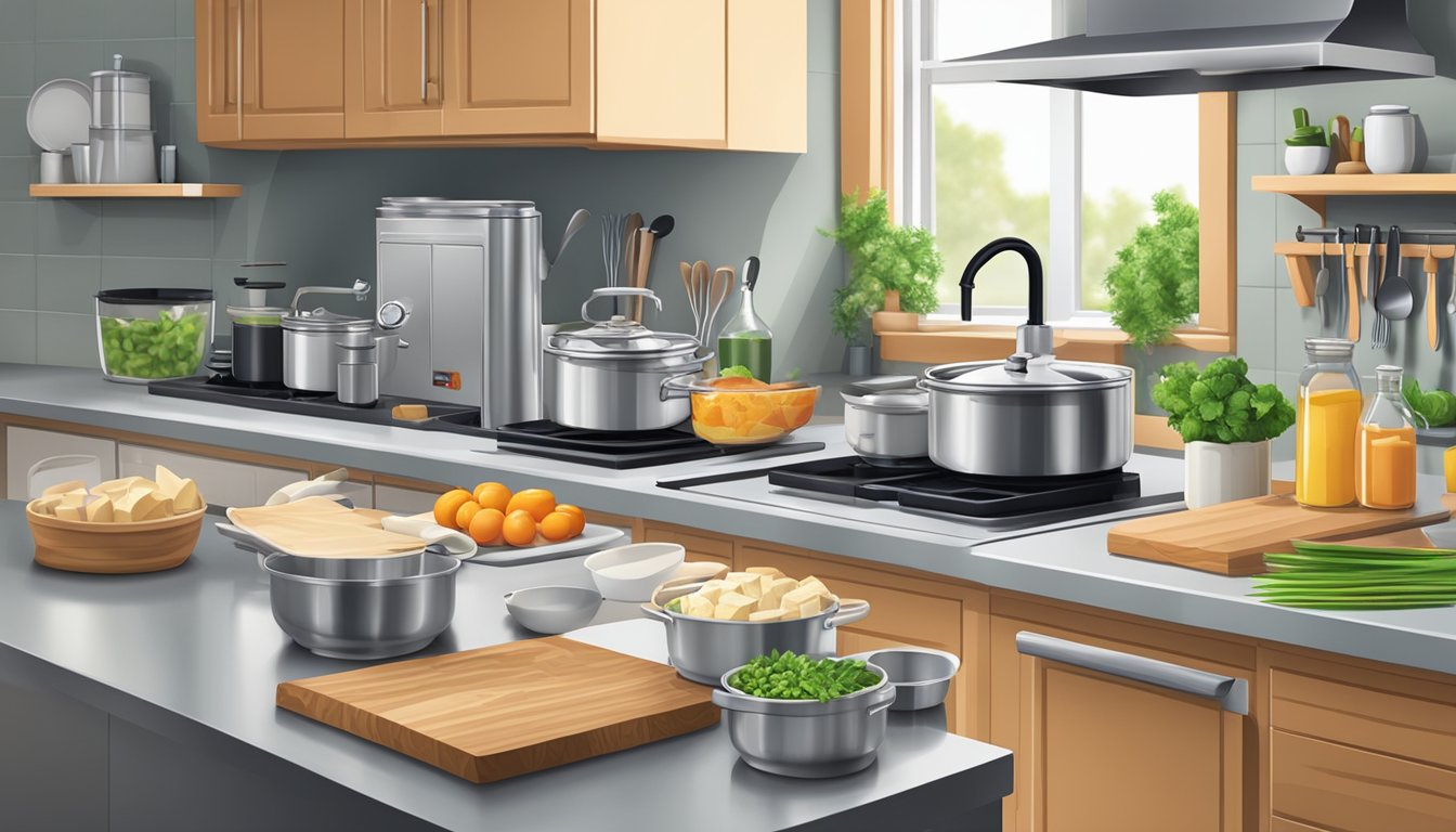 A well-organized kitchen with neatly arranged cooking utensils and ingredients for a dinner party, including a tofu press on the countertop