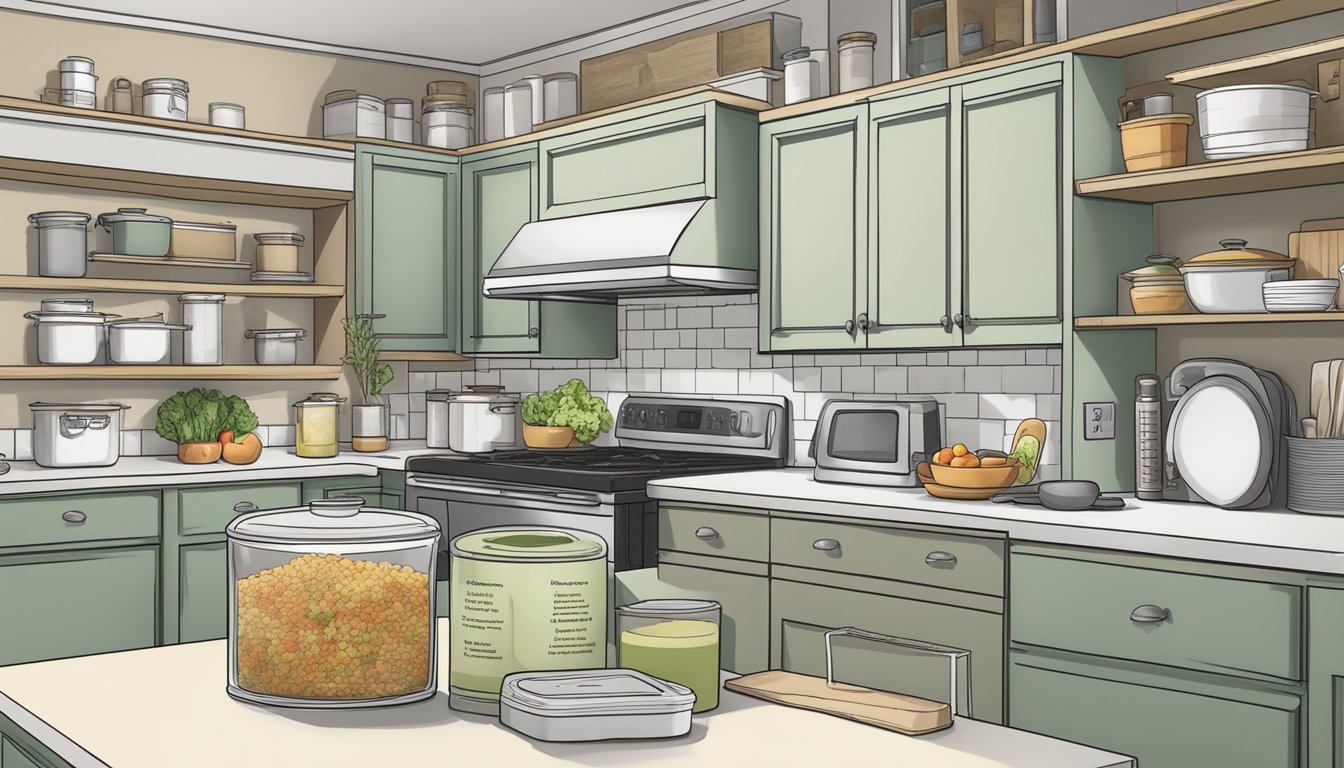 A kitchen with labeled low purine food storage, a meal plan on the counter, and a cookbook open to low purine recipes