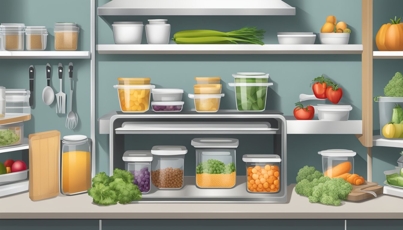 A kitchen with labeled low-purine food storage, fresh produce, and organized cooking utensils for managing and preventing gout