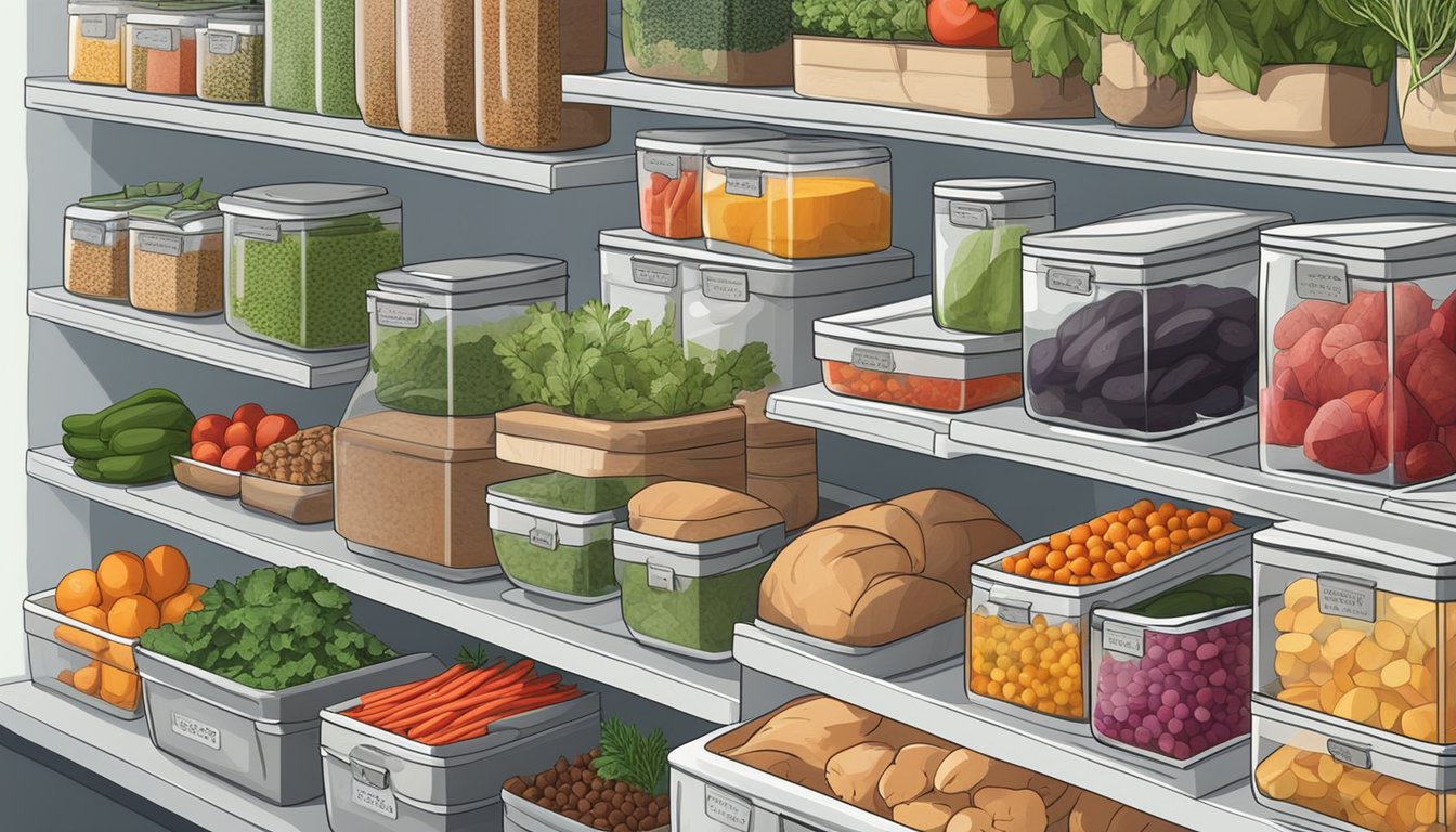 A well-organized kitchen with labeled containers of fresh produce, lean meats, and non-dairy alternatives. A variety of herbs and spices neatly arranged on a shelf