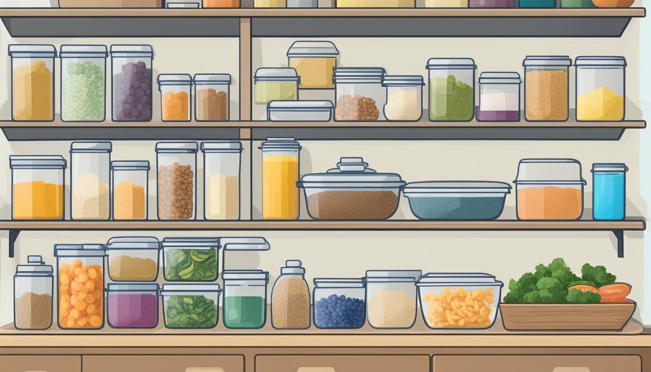 A well-organized kitchen with labeled low purine foods in clear containers, separate storage for high purine items, and a prominently displayed list of permitted ingredients