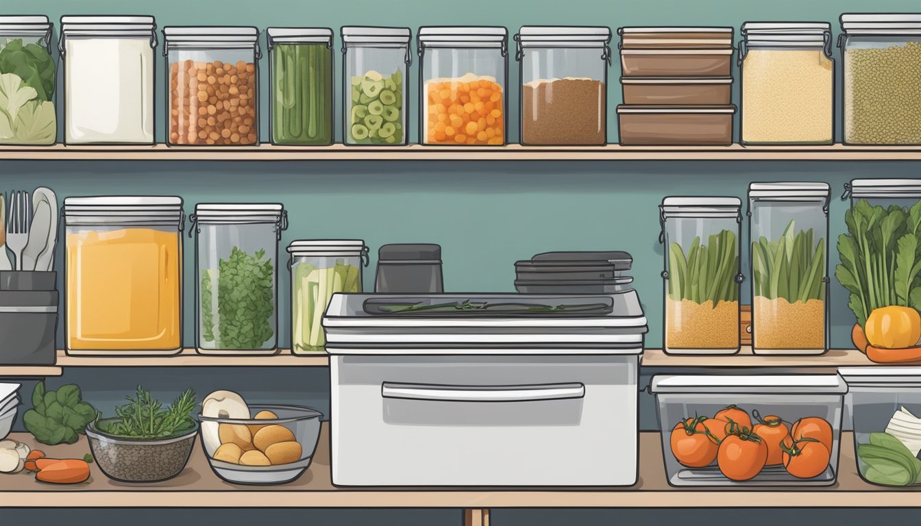 A kitchen with neatly organized shelves and labeled containers filled with fresh produce, herbs, and spices, alongside a stack of recipe books and a meal plan pinned to the fridge