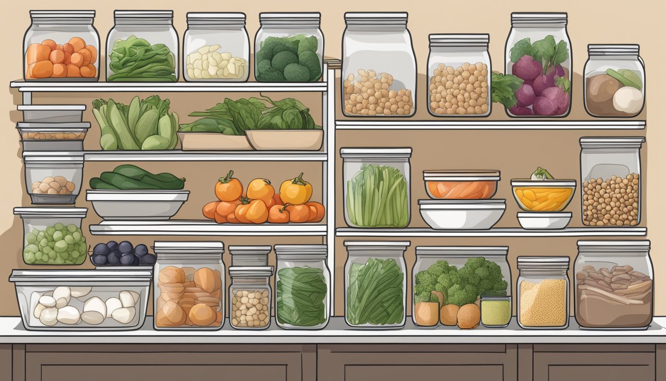 A well-organized kitchen with labeled containers of fresh produce, lean proteins, and AIP-friendly pantry staples