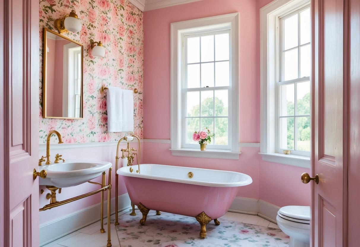 A pink bathroom with floral wallpaper, a vintage clawfoot bathtub, and gold fixtures. A large window lets in natural light, illuminating the space