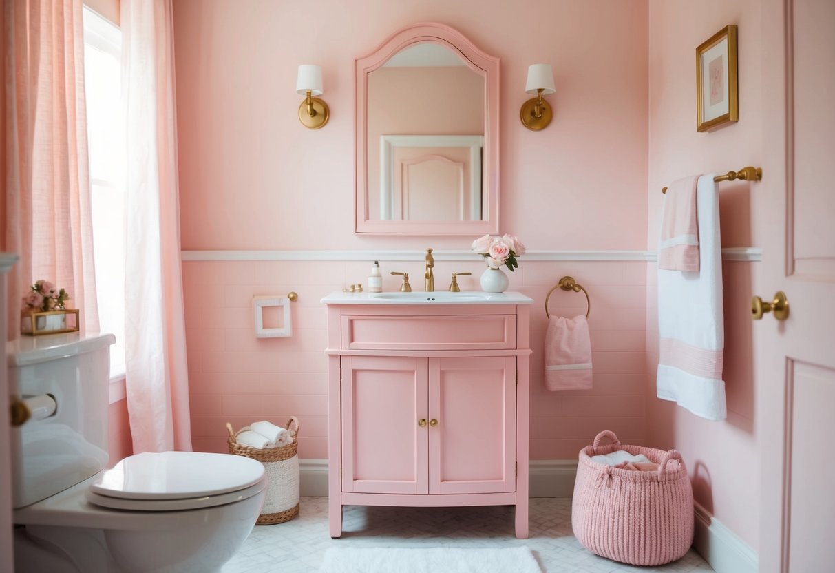 A blush pink vanity sits in a pastel pink bathroom, surrounded by soft, feminine decor and accessories