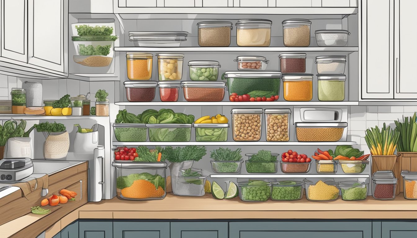 A well-organized kitchen with labeled containers of fresh produce, lean proteins, and colorful spices. A meal plan pinned to the fridge, and a prep station with cutting boards and sharp knives