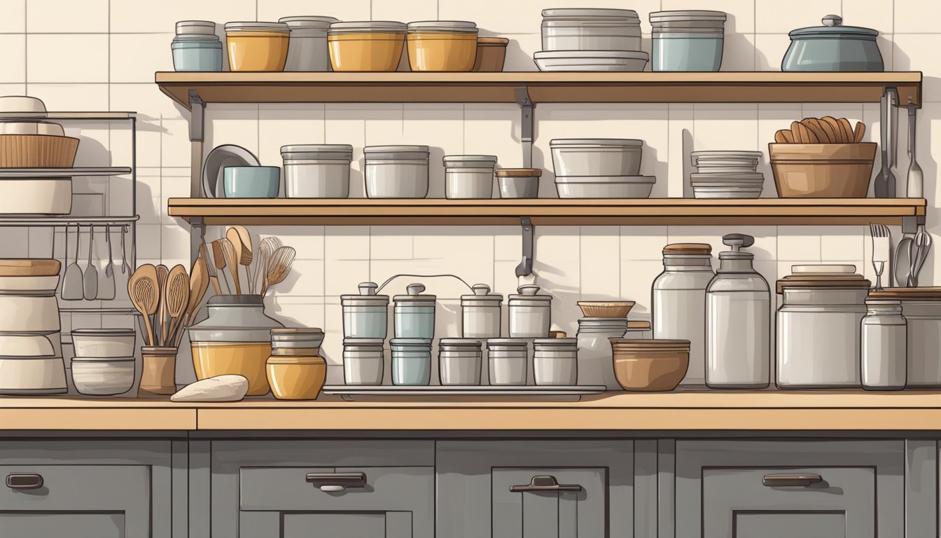 A clean, well-lit kitchen with neatly organized shelves and containers filled with quality baking ingredients. A dedicated station with all the tools and materials needed for sourdough bread making