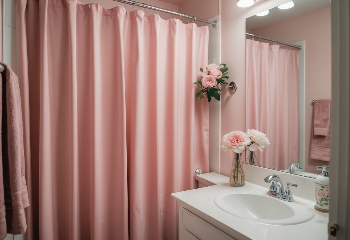 A dusty rose shower curtain hangs in a pink bathroom with floral accents and soft lighting