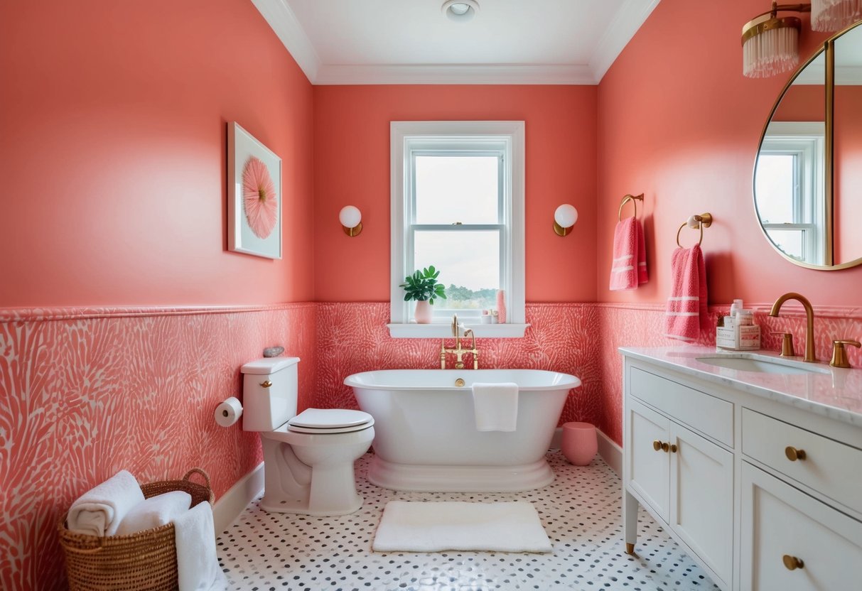 A bathroom with a coral wallpaper accent wall, featuring pink decor and accessories