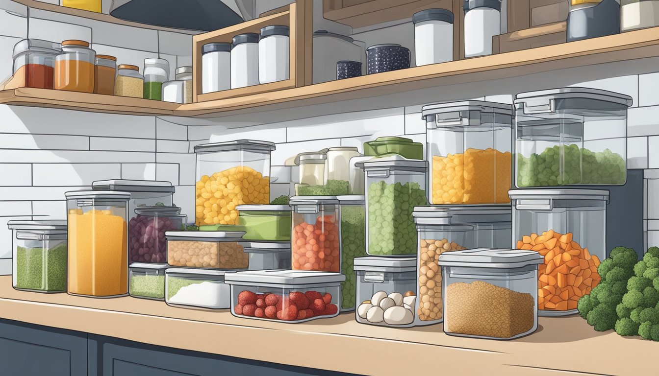 A well-organized kitchen with labeled containers of fresh, low histamine foods. A clear separation of high histamine items from the rest