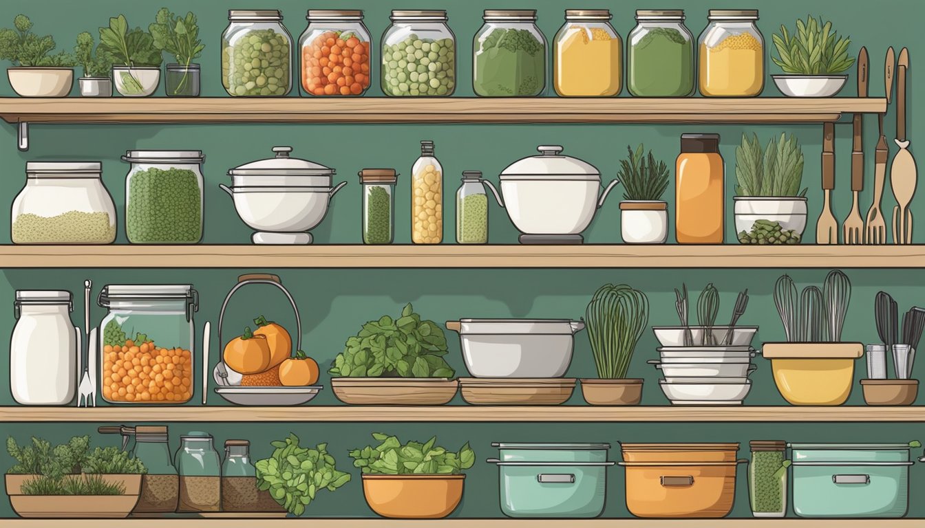 A well-organized kitchen with labeled containers of fresh produce, herbs, and spices. A variety of cooking utensils neatly arranged on hooks and shelves