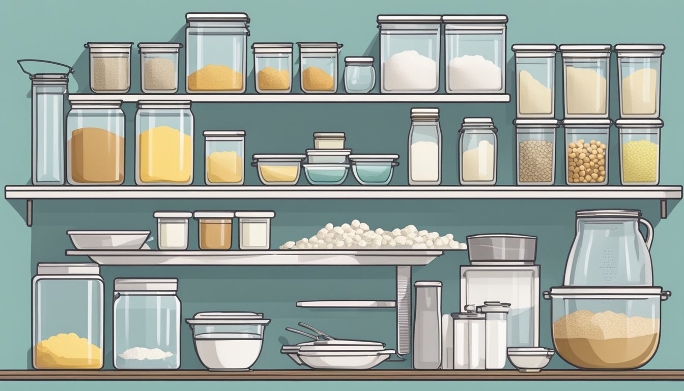 A clean, well-lit kitchen with labeled containers of flour, water, and starter, along with neatly arranged mixing bowls, proofing baskets, and baking tools