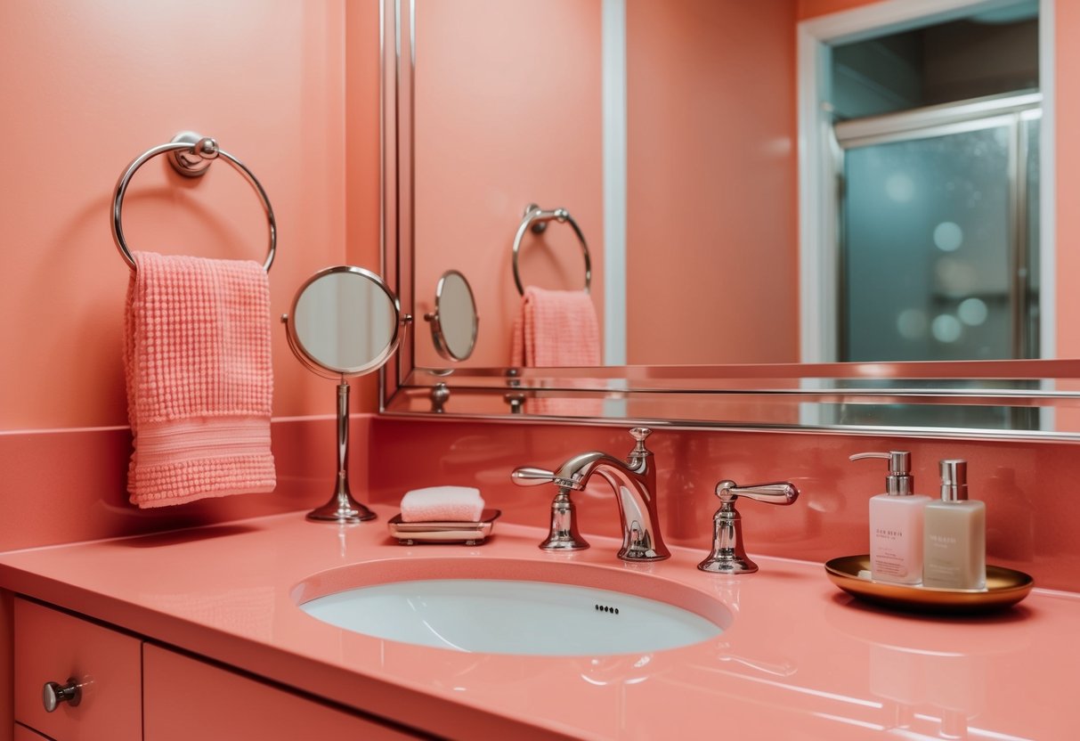 A salmon pink countertop with matching accessories in a modern pink bathroom