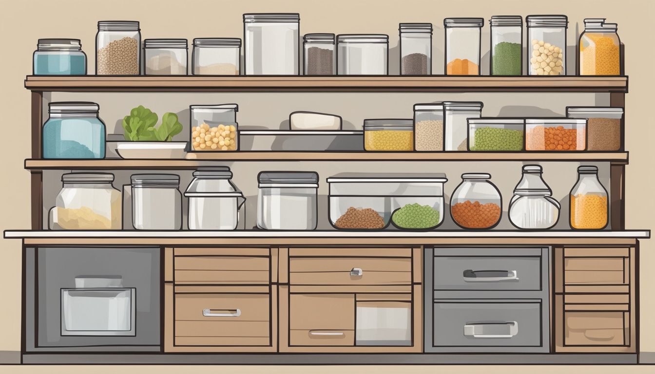 A well-organized kitchen with labeled low histamine foods, separate storage for high histamine items, and clear containers for easy identification