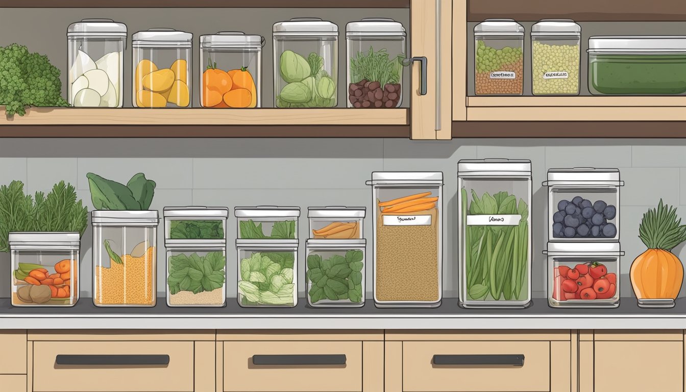 A well-organized kitchen with labeled containers of fresh produce, herbs, and pantry staples. A clear separation between AIP-friendly and non-compliant foods