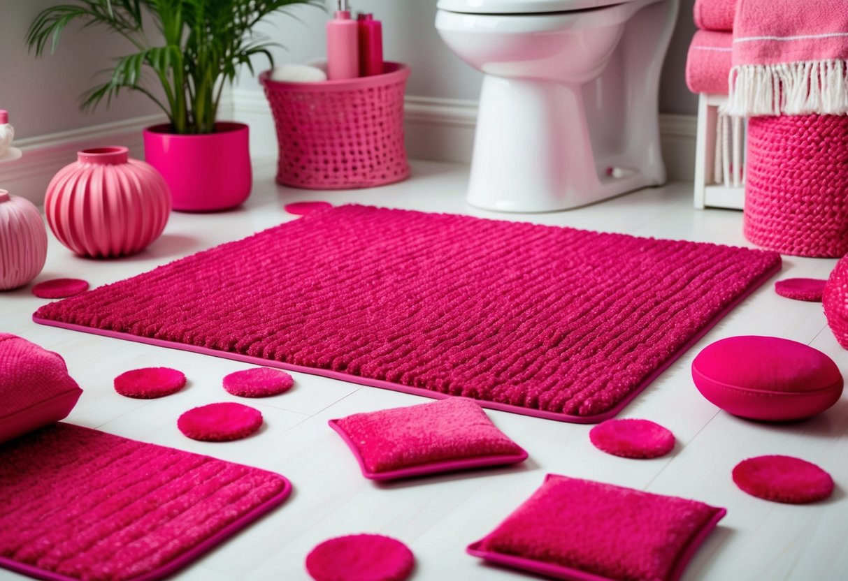 A magenta pink floor mat surrounded by 20 pink bathroom decor ideas