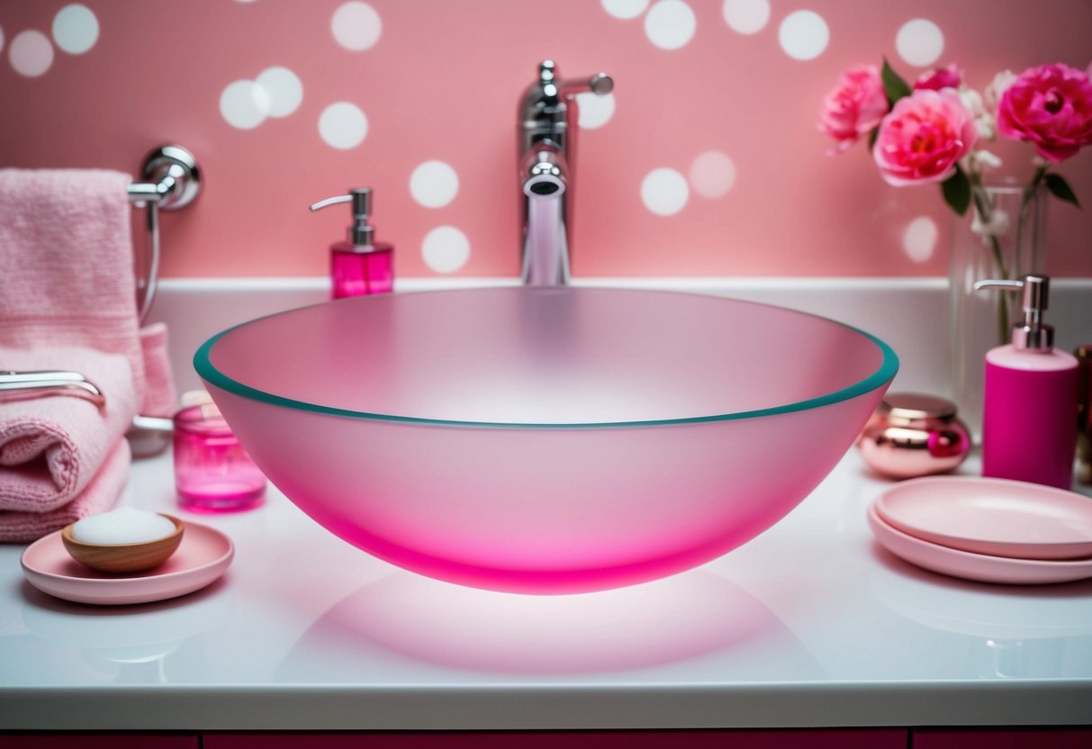 A frosted pink glass sink surrounded by pink bathroom decor and accessories