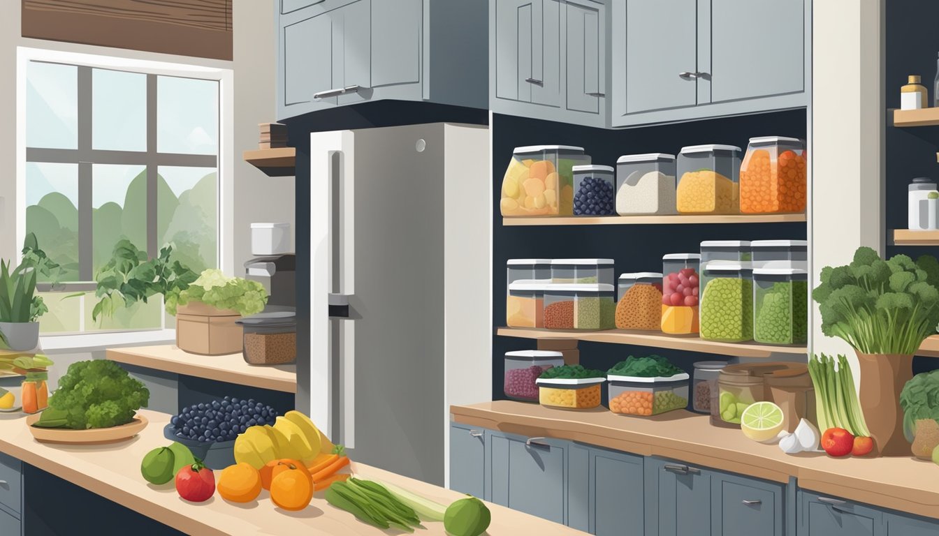 A well-organized kitchen with labeled containers, a variety of fresh fruits and vegetables, and a pantry stocked with low histamine ingredients