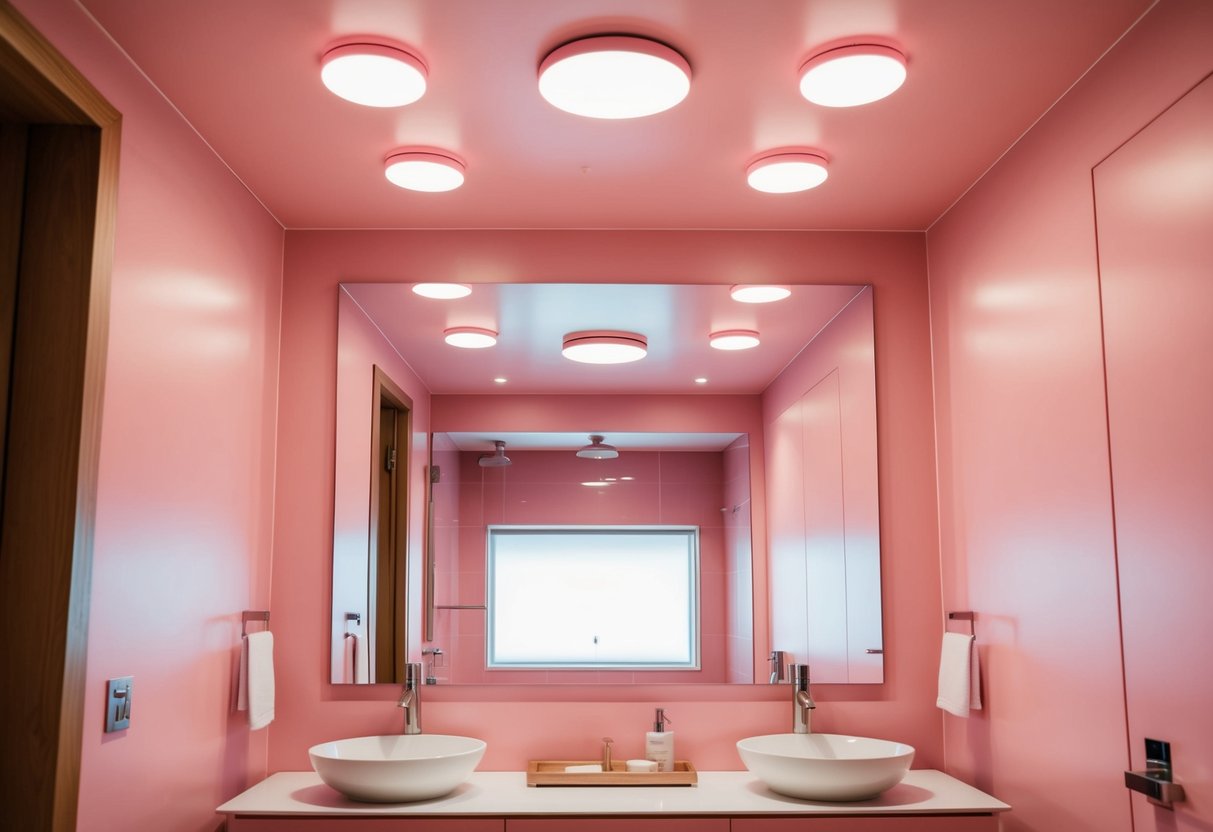 Soft pink ceiling lights illuminate a modern pink bathroom with sleek fixtures and minimalist design