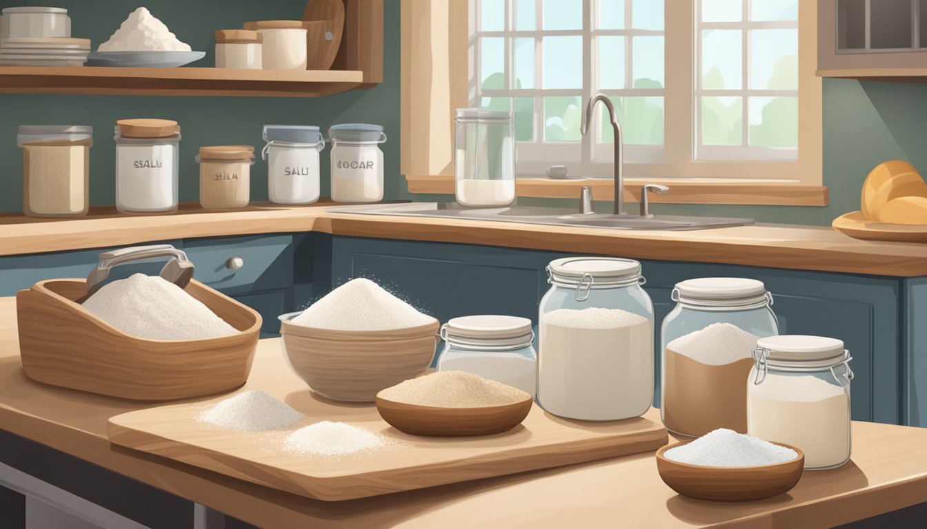 A clean, organized kitchen counter with labeled jars of flour, sugar, and salt. A wooden cutting board with a sourdough starter jar and mixing bowls