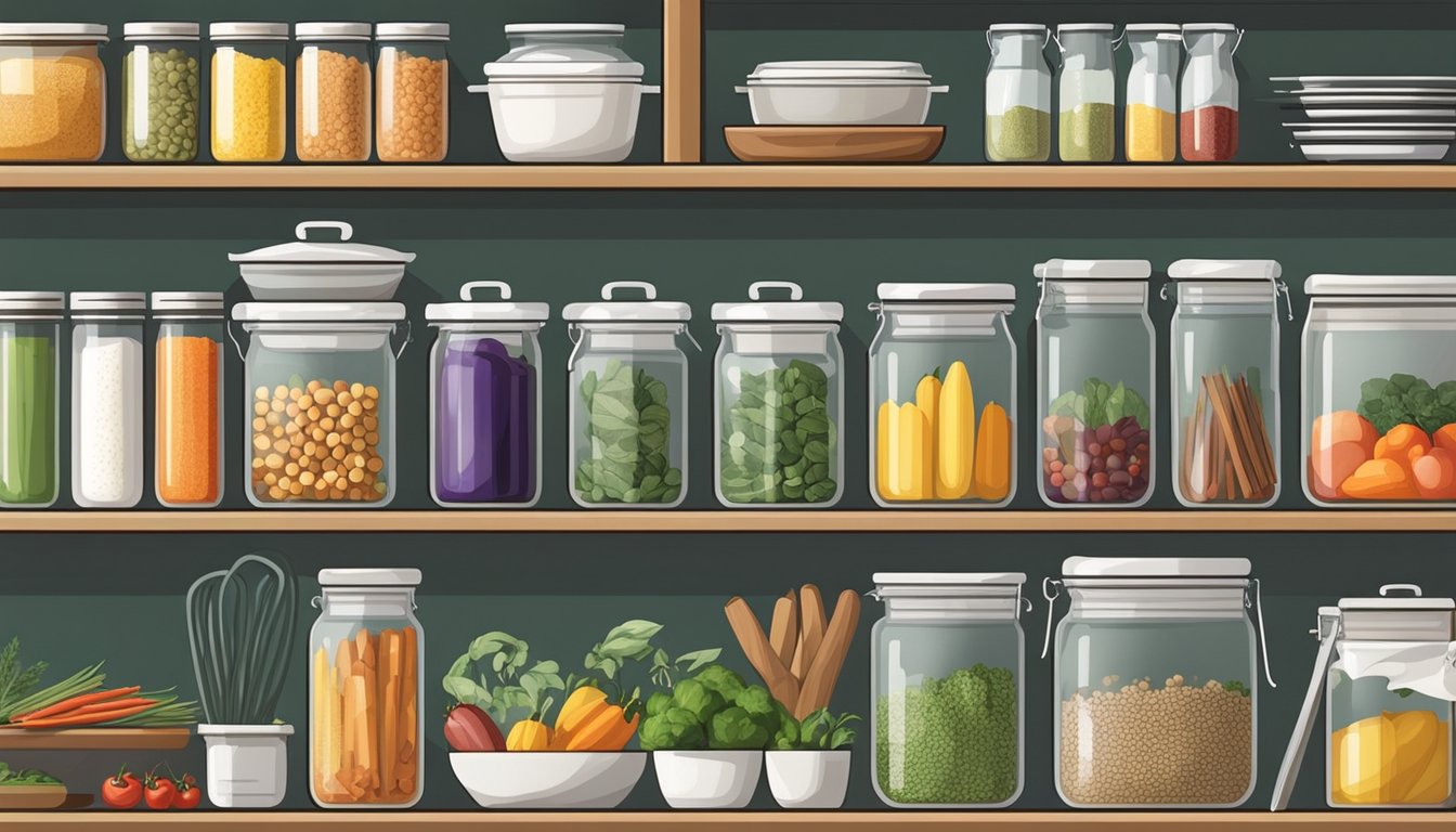 A well-organized kitchen with labeled containers of fresh produce, spices, and cooking utensils arranged neatly on shelves and countertops