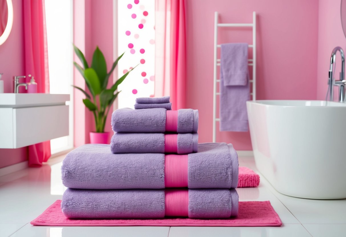 A lilac and pink towel set arranged in a bright, modern bathroom with pink accents and decor