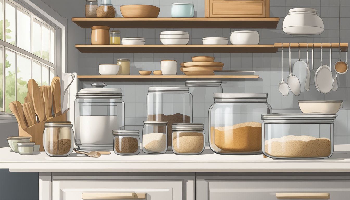 A well-lit kitchen counter with neatly arranged bowls, jars, and utensils for sourdough bread making. A digital scale and recipe book are also visible