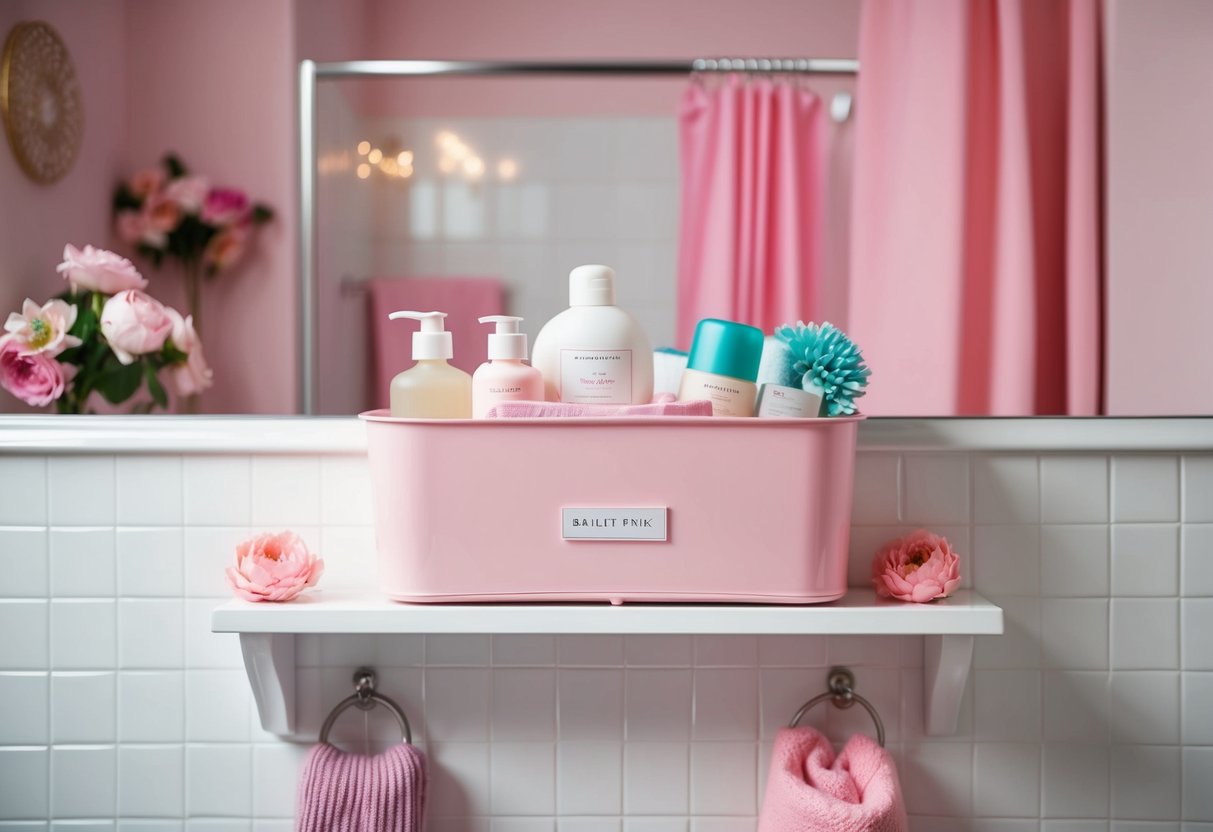 A ballet pink shower caddy filled with bath products sits on a white tiled bathroom shelf. The room is decorated in various shades of pink, with floral accents and soft lighting