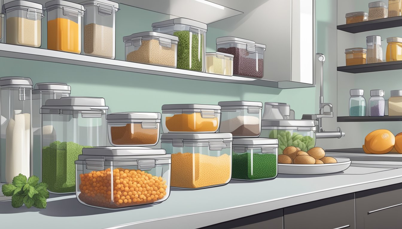 A well-organized kitchen with labeled containers of safe, low histamine ingredients and substitutes. A clear and tidy space with a focus on healthy eating