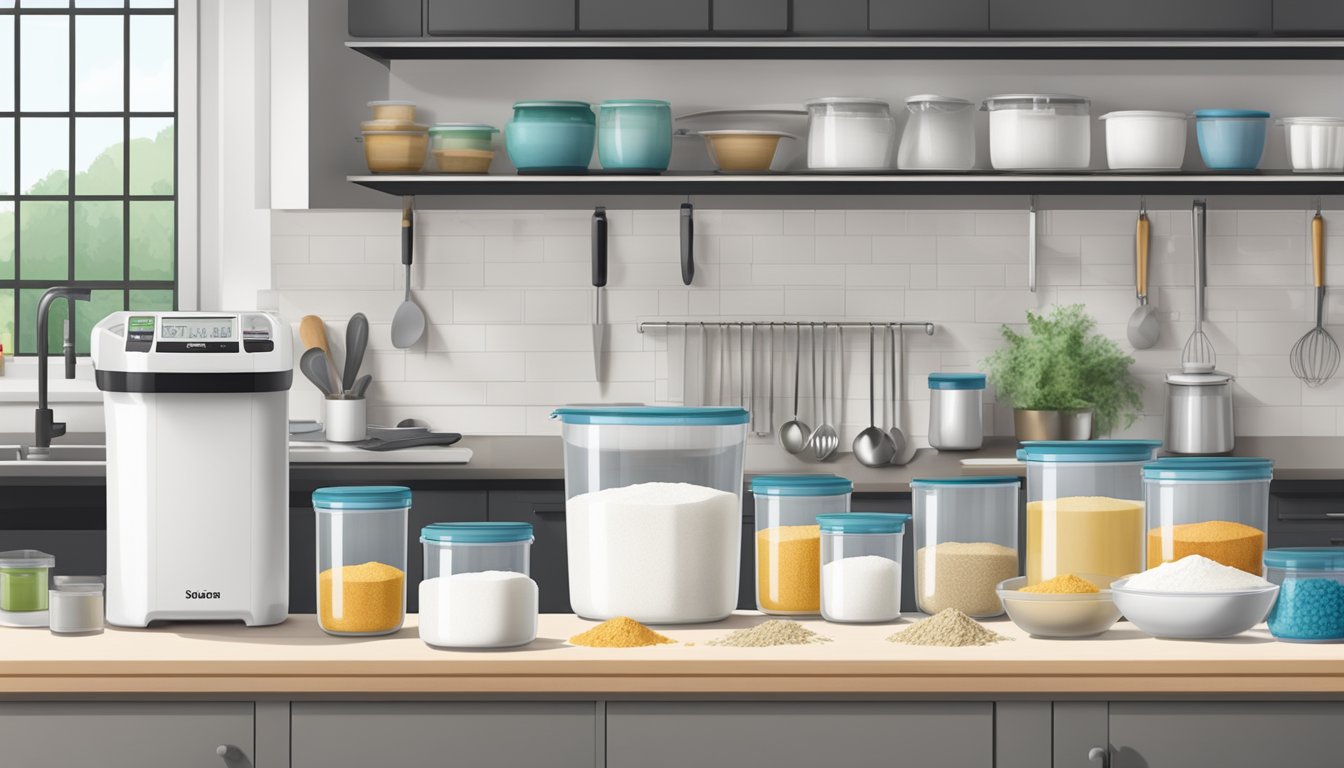 A clean, spacious kitchen counter with labeled containers of flour, water, and starter, along with mixing bowls, measuring utensils, and a digital scale