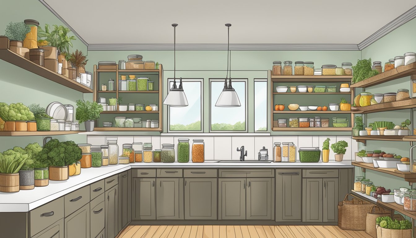 A well-organized kitchen with fresh, whole foods and labeled containers for a low histamine diet