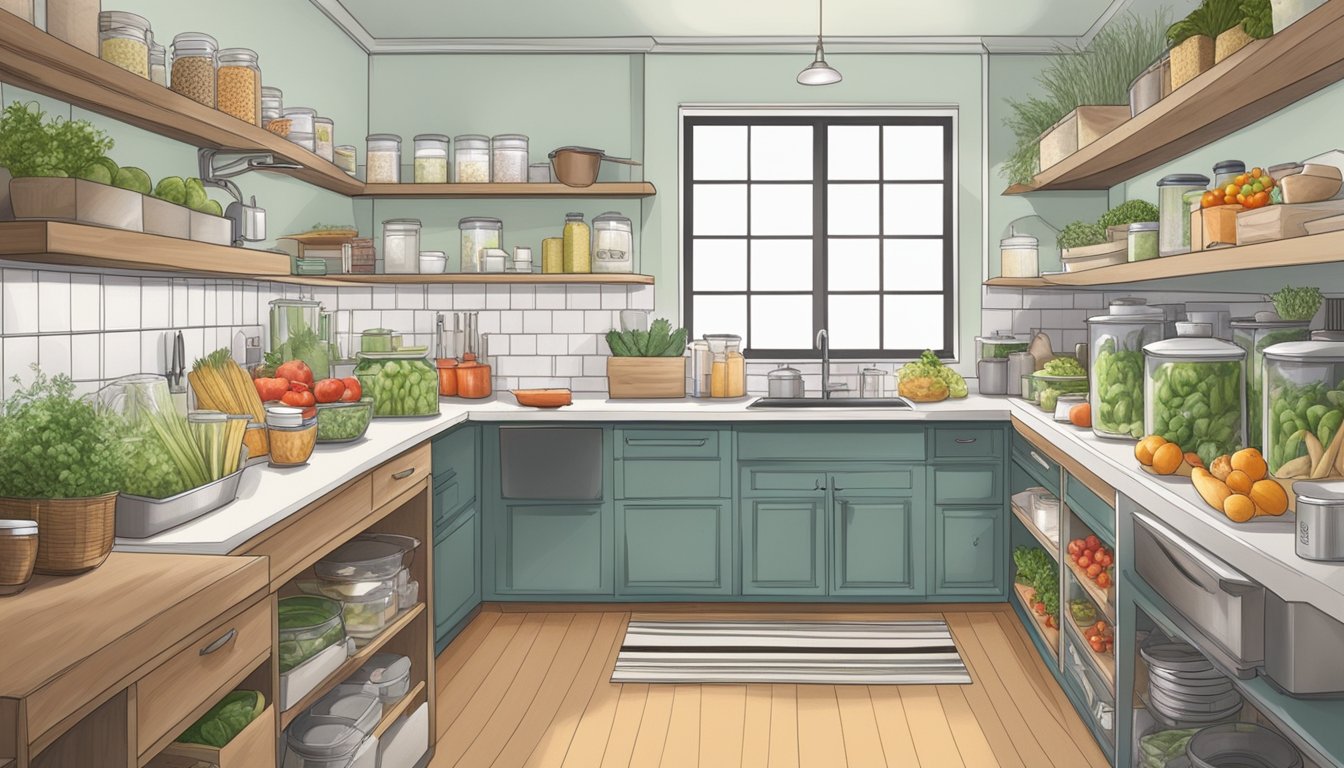 A well-organized kitchen with labeled containers of fresh produce, grains, and low-histamine ingredients. A clear and clutter-free workspace with cooking utensils neatly arranged