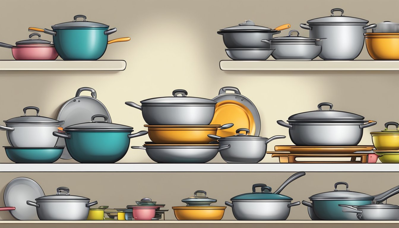 A neatly organized kitchen shelf with various sized woks and stir fry pans stacked and arranged in an orderly manner