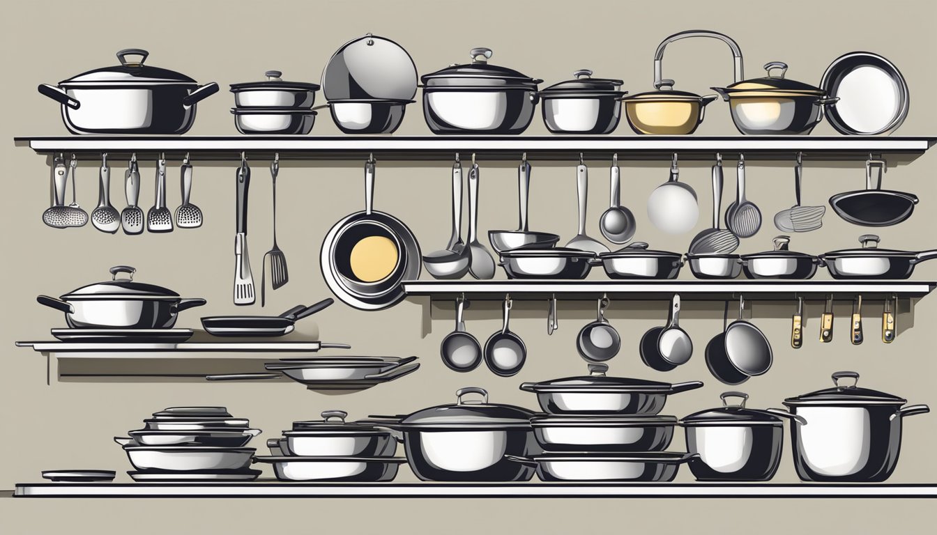 A neatly organized kitchen shelf with various woks and stir fry pans displayed in a tidy manner, showcasing the different sizes and materials available for selection