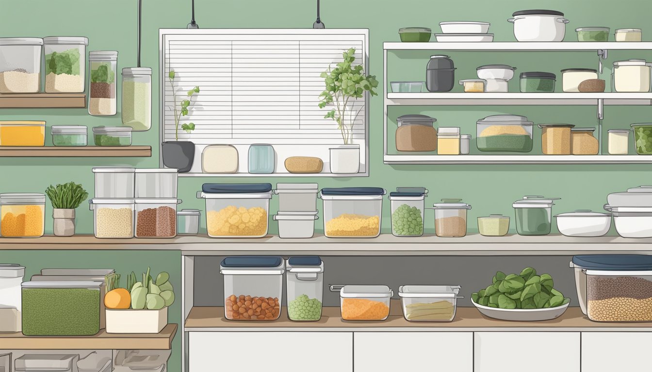 A kitchen with labeled containers of low FODMAP foods, a list of approved ingredients, and a meal plan on the counter