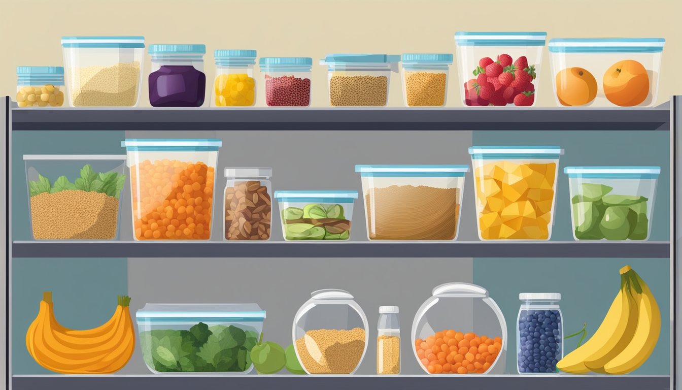 A kitchen with labeled containers of low FODMAP foods, organized on shelves and in the fridge. A colorful array of fruits, vegetables, and grains