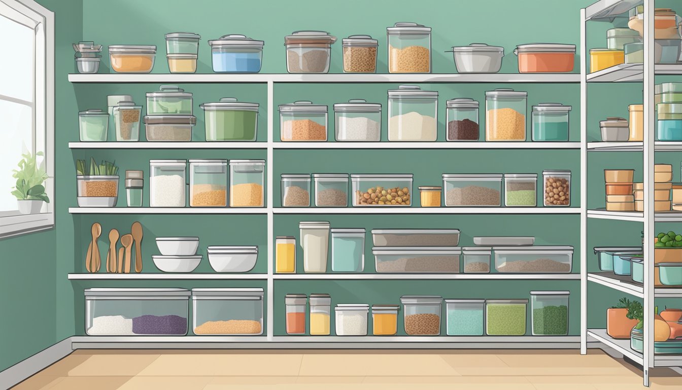 A well-organized kitchen with labeled low FODMAP food containers, clear pantry shelves, and neatly arranged utensils and cookware