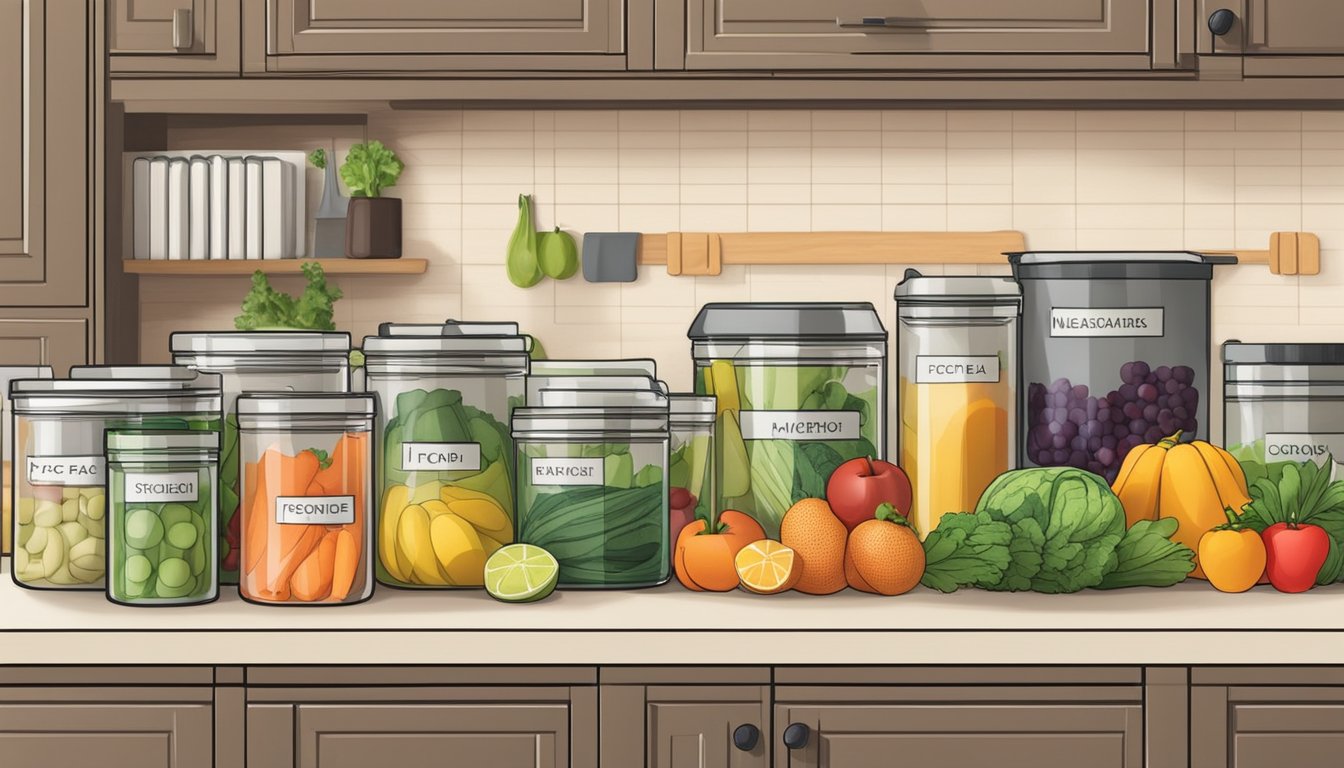 A kitchen with labeled storage containers, a variety of fresh fruits and vegetables, and a collection of low-FODMAP recipe books on the counter