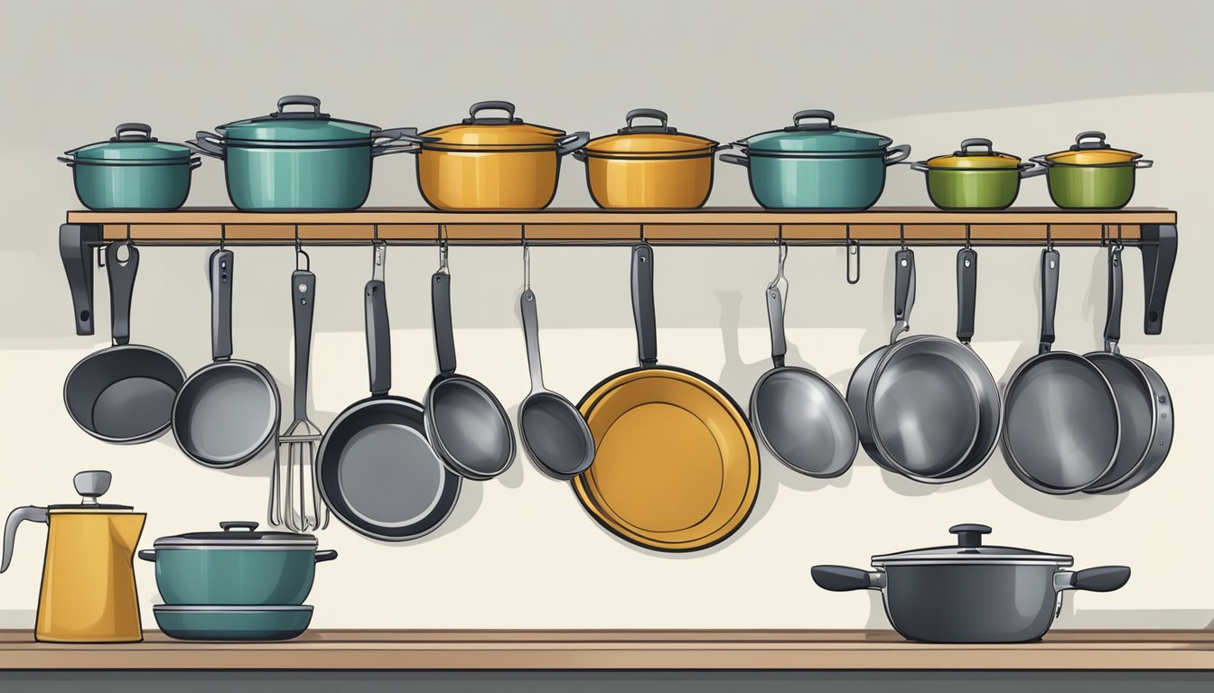 A wall-mounted rack holds neatly stacked woks and stir fry pans, with hooks for utensils and a nearby shelf for lids